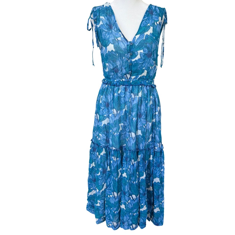Sundance Floral Maxi Dress XS Blue Boho Tiered‎ Button Front Viscose Midi